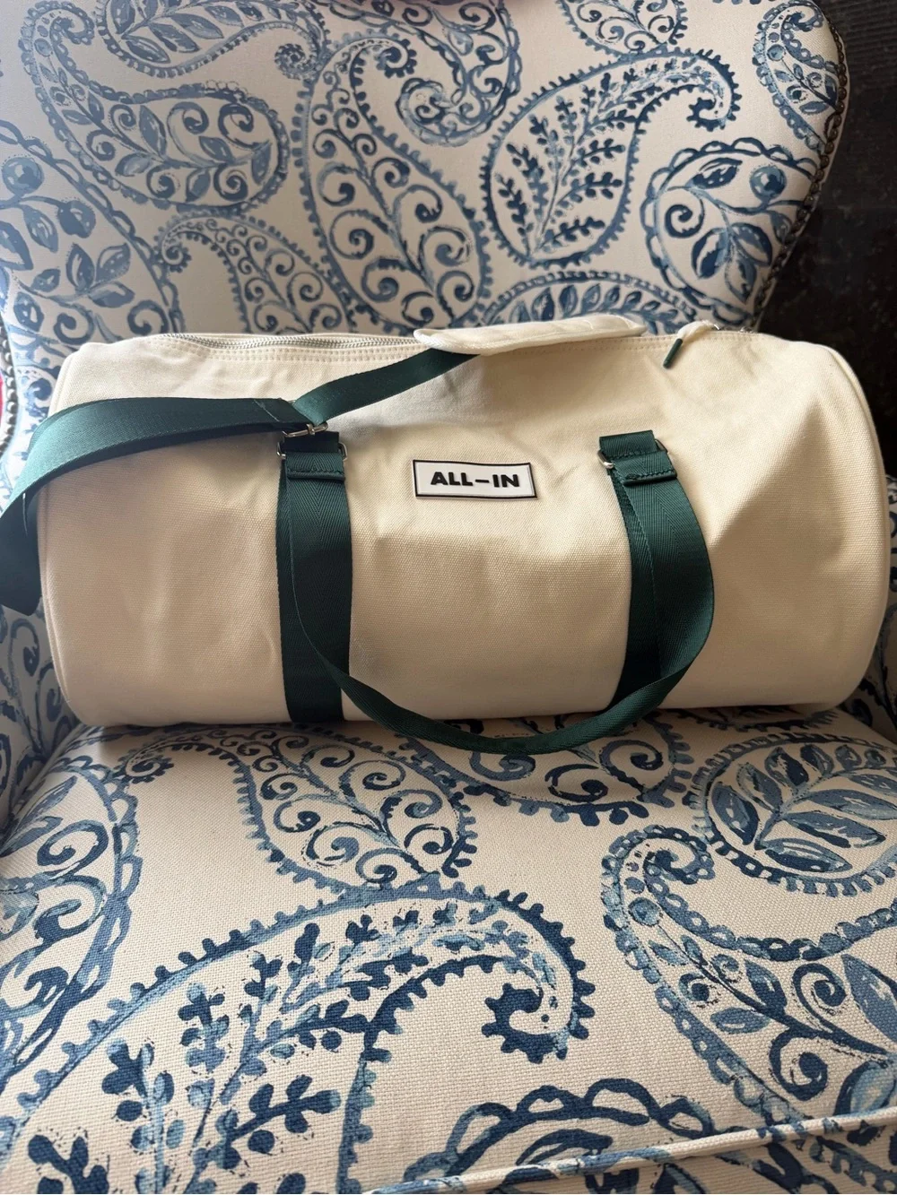 ALL-IN Canvas Duffel Bag | Cream & Green | Weekender Travel Gym Bag